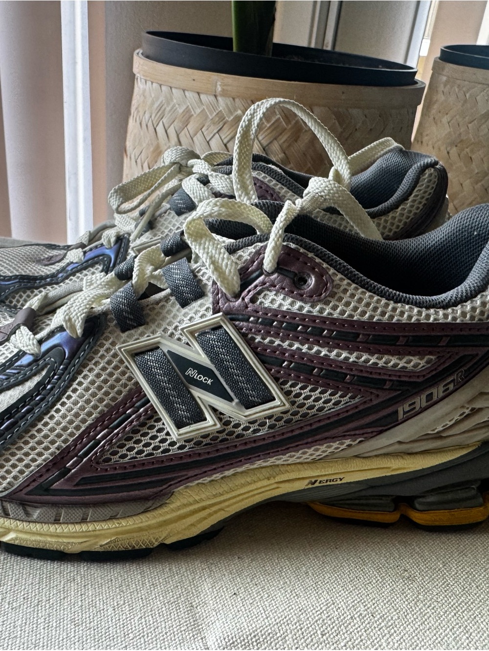 New Balance Running Shoes in Off-White and Burgundy Accent